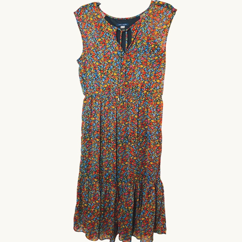 Tommy Hilfiger Women 8 Black Multicolor Floral Tiered Midi Dress Cottagecore - Picture 2 of 13